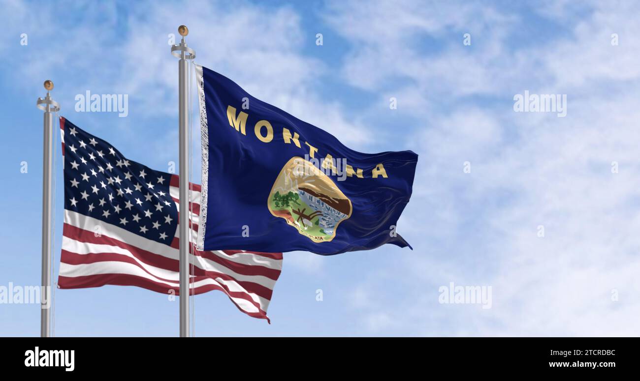 Montana Bundesflagge winkt im Wind mit der amerikanischen Flagge an einem klaren Tag. US-Bundesflagge. Patriotismus und Nationalstolz. 3D-Darstellung. Schlitz Stockfoto