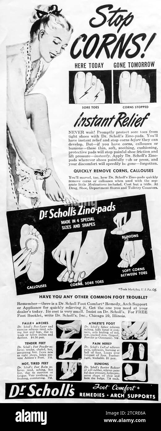 1947 Dr. Scholl's zino-Pads-Anzeige Stockfoto