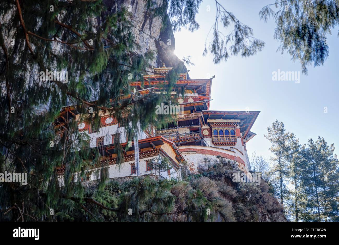Paro Taktsang (oder Taktsang Palphug Kloster oder das Tigernest), eine heilige Vajrayana Himalaya buddhistische Klippe, obere Paro Tal, Bhutan Stockfoto