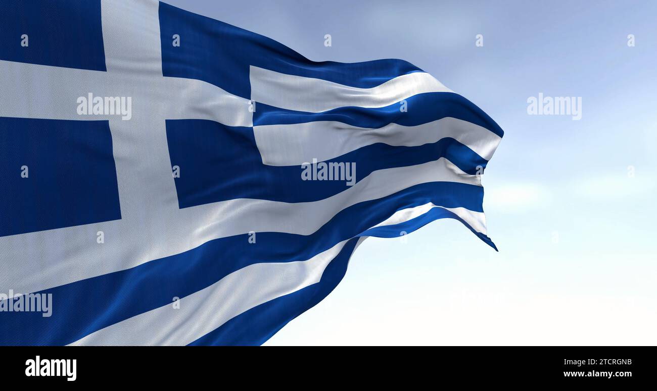 Nahaufnahme der griechischen Nationalflagge, die an einem klaren Tag im Wind winkt. Blaue und weiße Streifen mit einem blauen Kanton mit einem weißen Kreuz. 3D-Illustration Stockfoto