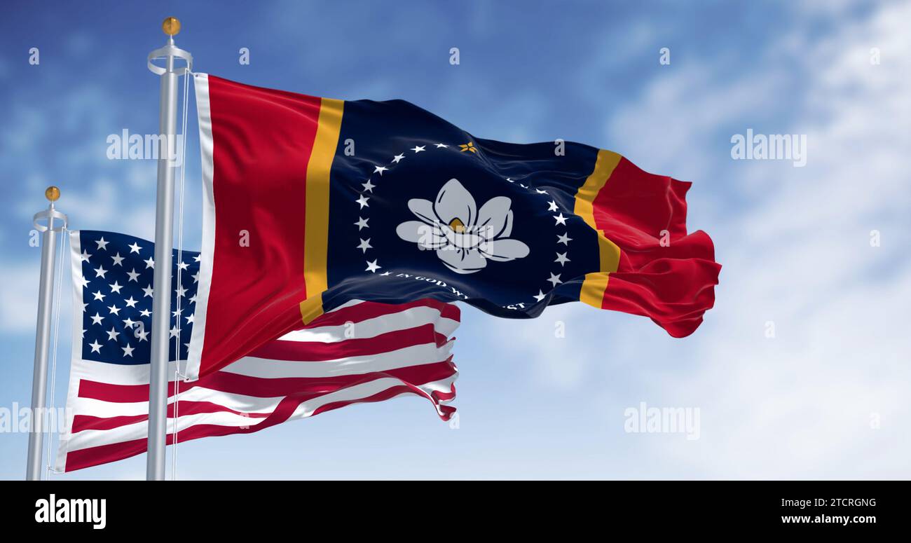 Mississippi Staatsflagge winkt mit der amerikanischen Flagge an einem klaren Tag. Magnolienstatus. 3D-Darstellung. Gewelltes Material. Stockfoto