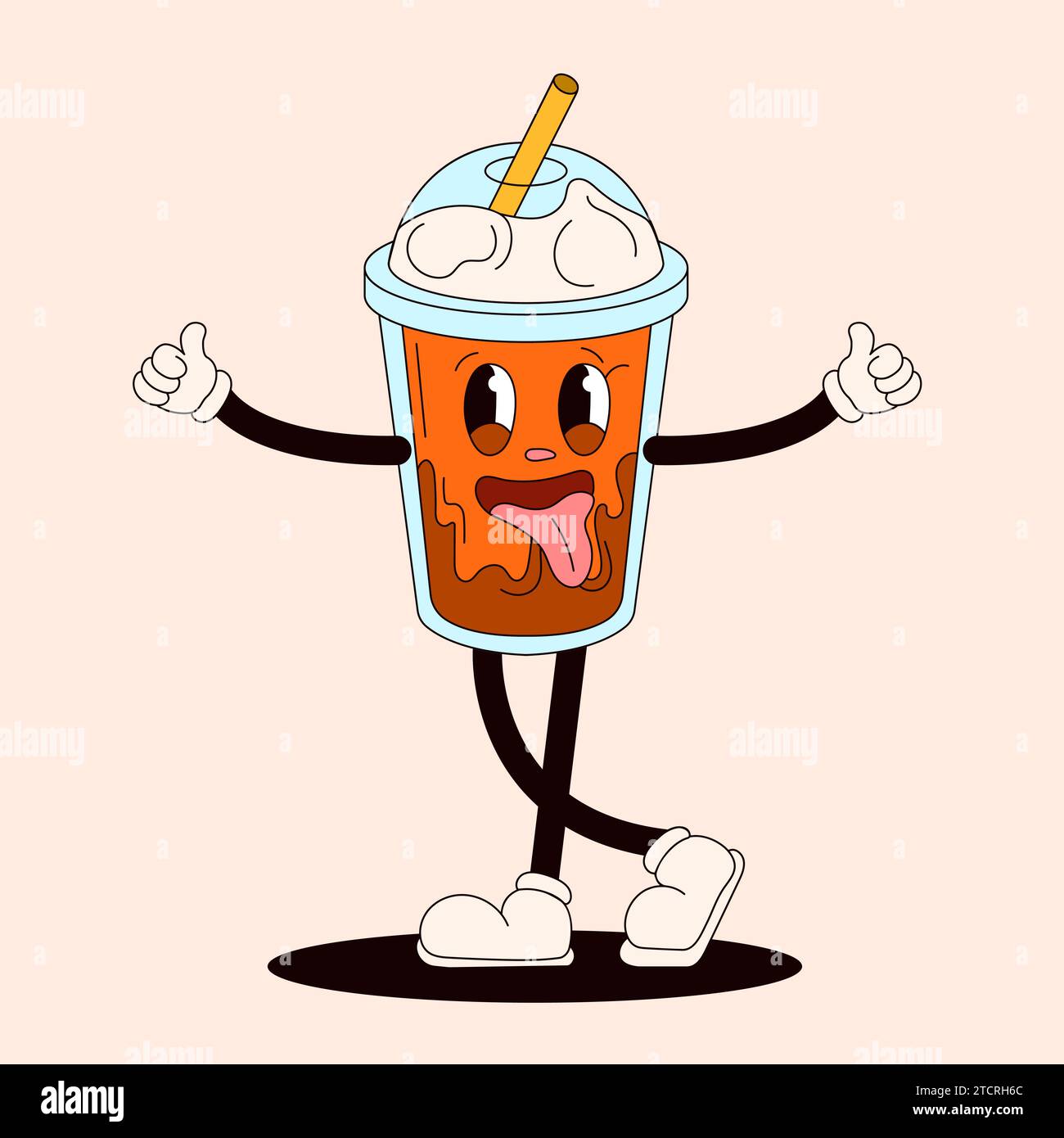 Grooviger Kaffeecharakter zeigt Daumen nach oben. Vintage-Maskottchen im Doodle-Stil. Vektorillustration isoliert auf einem pfirsichfarbenen Hintergrund. Stock Vektor