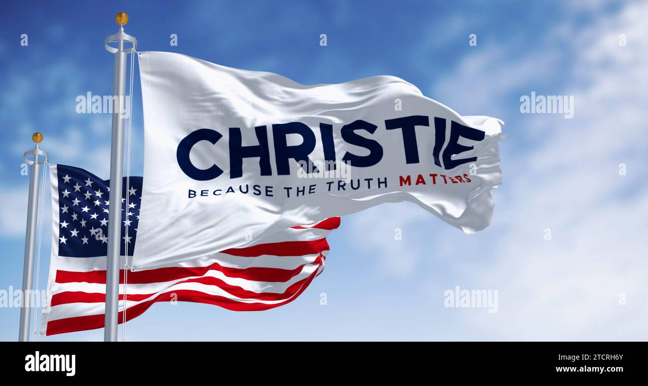 Jersey City, USA, 20. Juni 2023: Chris Christie 2024, die Flagge des Präsidentschaftswahlkampfs, schwenkt mit amerikanischer Flagge. Illustrierendes redaktionelles 3D-Illustrationsrendering Stockfoto
