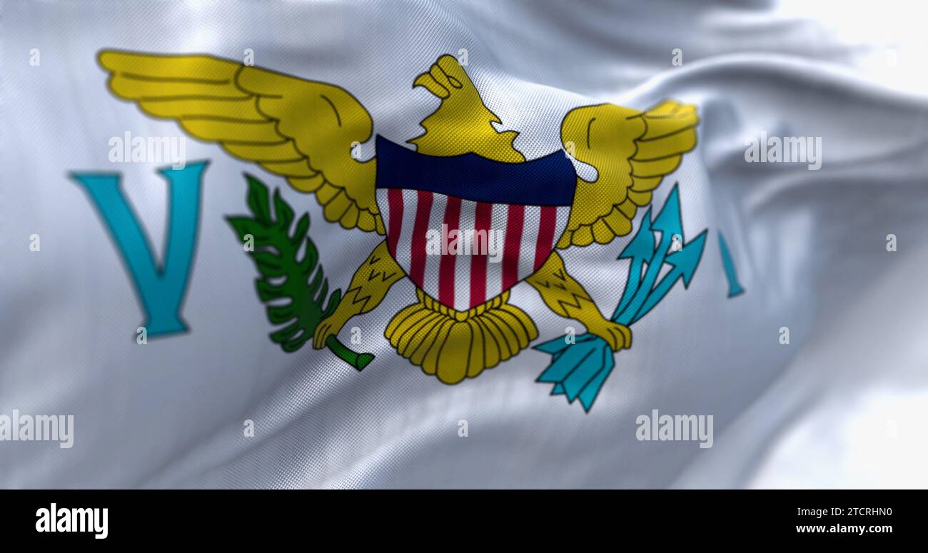 Nahaufnahme der Flagge der Jungferninseln der Vereinigten Staaten. Die Jungferninseln der USA sind ein nicht eingemeindetes und organisiertes Territorium der USA. 3D-Beleuchtung Stockfoto