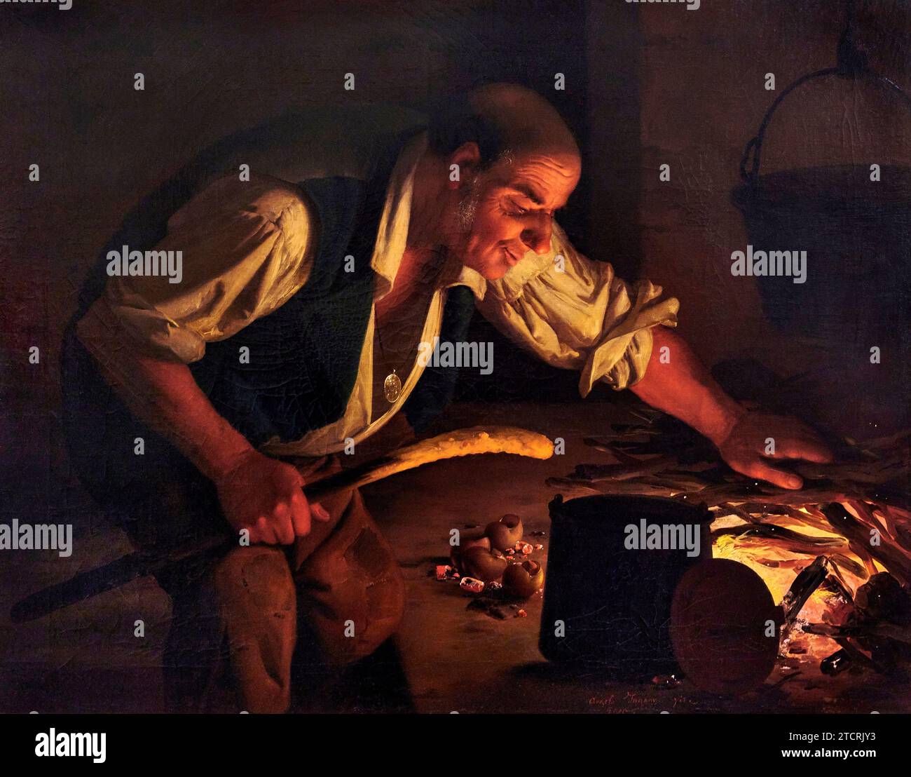 Uomo che cucina lumache e polenta davanti al caminetto - olio su tela - Angelo Inganni - 1855 - Brescia, collezione Italo Segalini Stockfoto