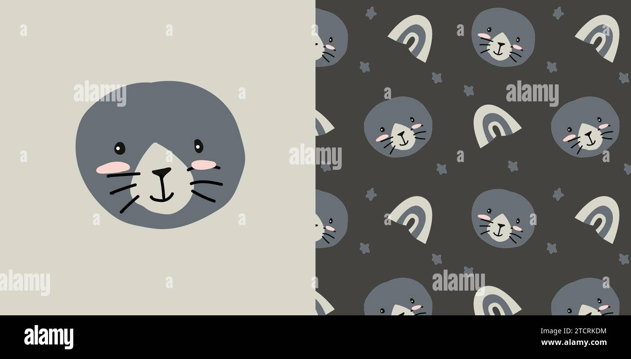 Einfaches Siegelporträt mit Regenbogenmuster. Vektor-Illustration kann für Baby Hintergrund, Kinderzimmer Textil, Poster verwendet werden. Hintergrund mit Dichtfläche in skandinavischen Retro-Farben. Stock Vektor