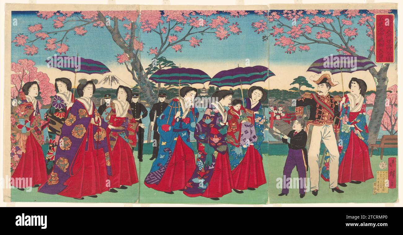 Blick auf den Benten-Schrein auf der Insel Nakanoshima im Shinobazu-Teich, Ueno Park, aus der Serie berühmte Ansichten von Tokio (Tokyo Tokyo meisho yori Ueno koen Shinobazu no ike Nakanoshima Benten no kei) 1959 von Utagawa Hiroshige III Stockfoto