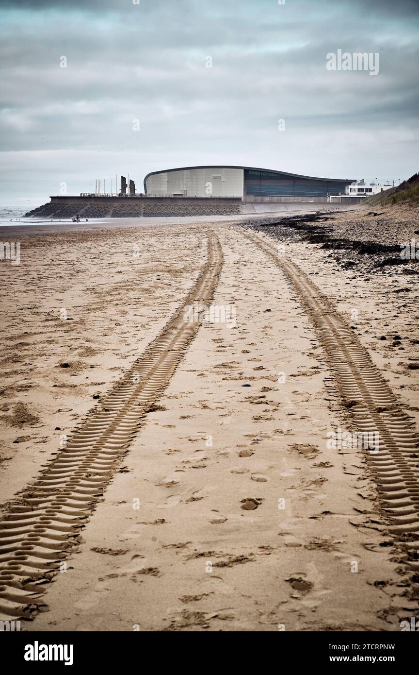 Blackpool Straßenbahndepot und Strand am Squires Gate Stockfoto