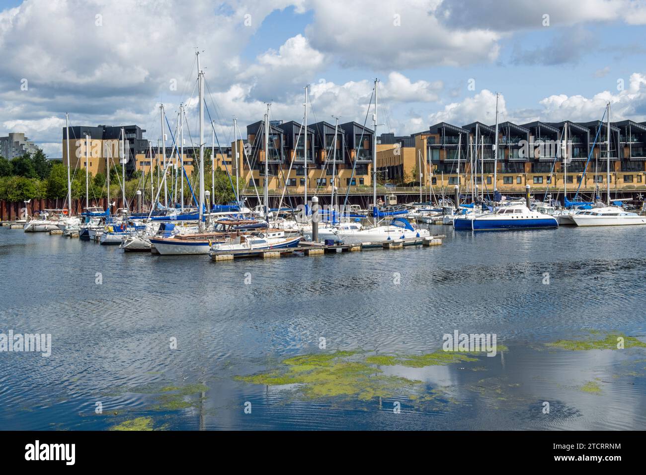 Cardiff River Ely mit beiden Apartments am Fluss Ely und einer Marina, mit der alle Boote und Yachten gesichert werden können Stockfoto