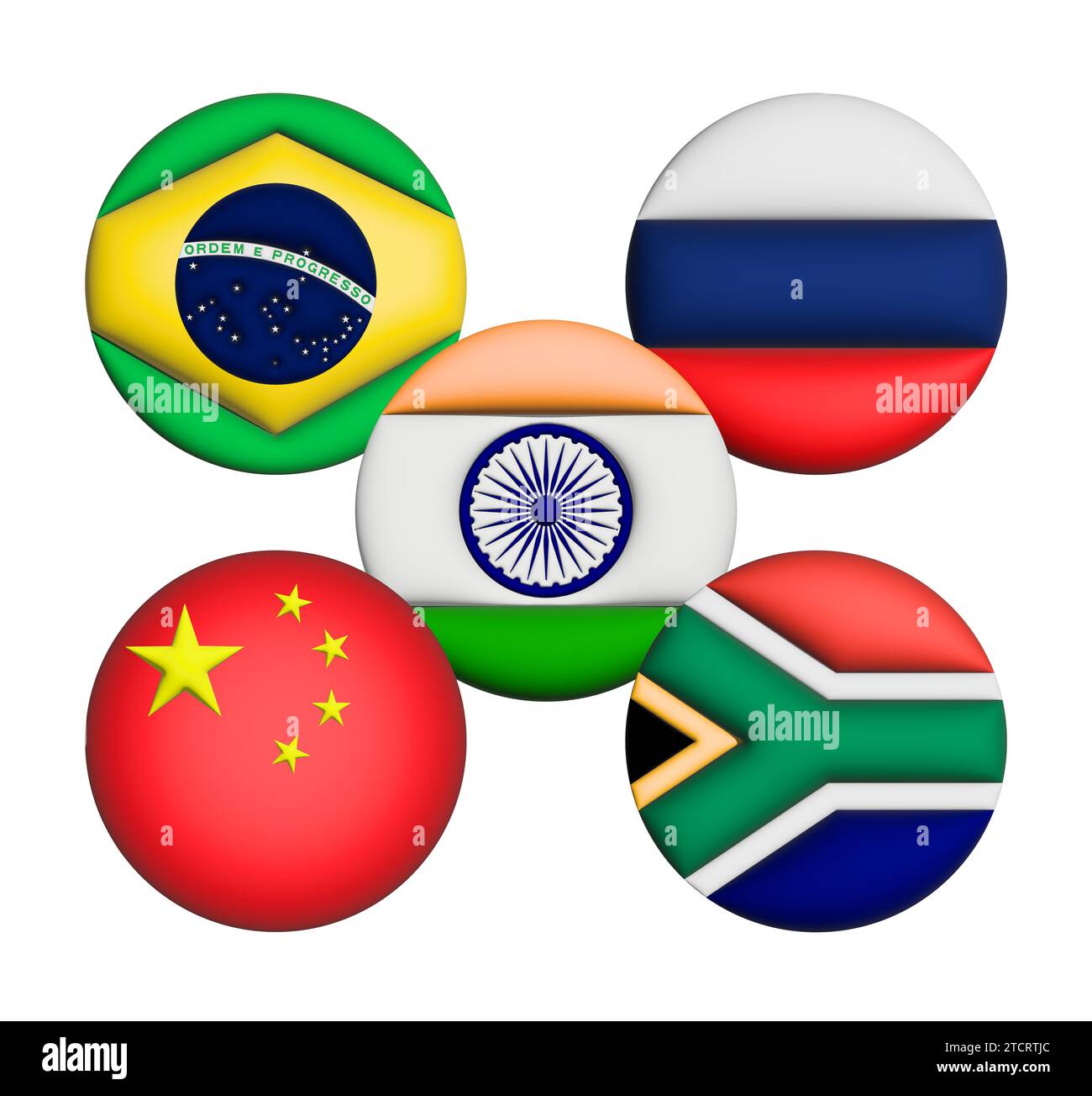 3D-Flagge von BRICS auf einem Avatarkreis. BRICS ist ein Zusammenschluss der Weltwirtschaften Brasiliens, Russlands, Indiens, Chinas und Südafrikas. Stockfoto