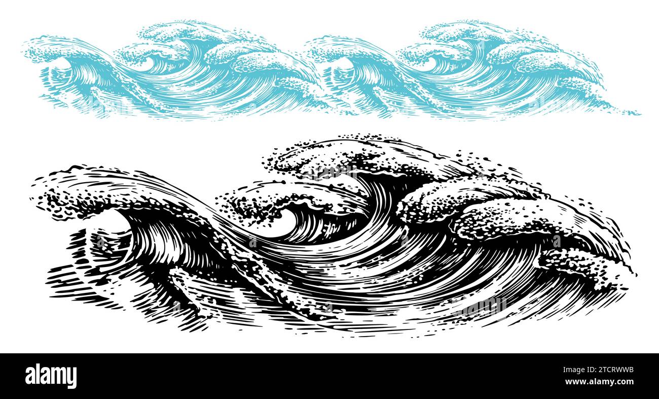 Meereswellen, Vintage-Vektor-Illustration. Ozeangezeitensturm Wellen isoliert auf weißem Hintergrund zum Surfen und Meereslandschaft Stock Vektor