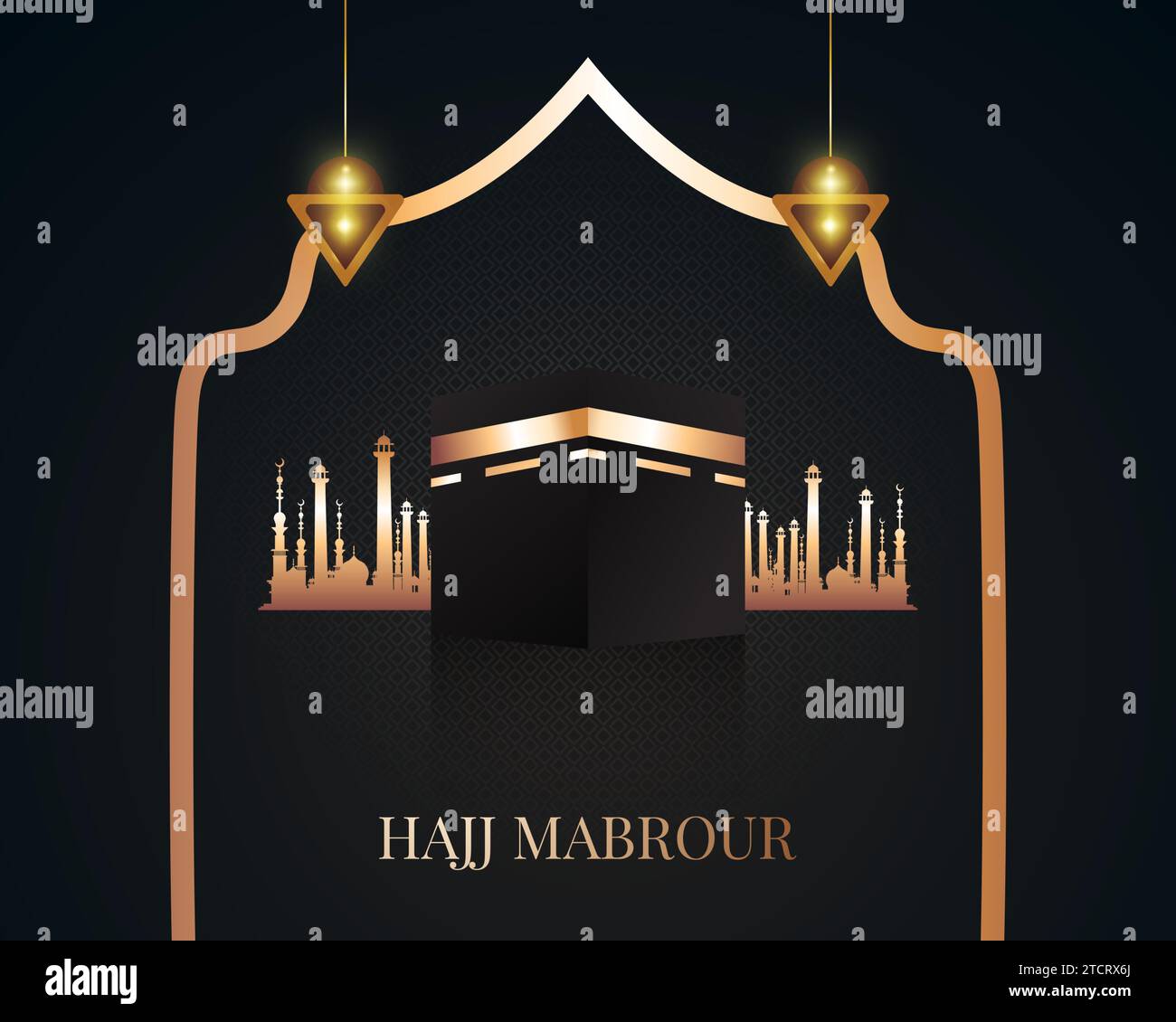 Hajj Mabrour Hintergrund mit Kaaba und goldenen Laternen. Islamisches Design für Poster, Banner oder Grußkarte Stock Vektor