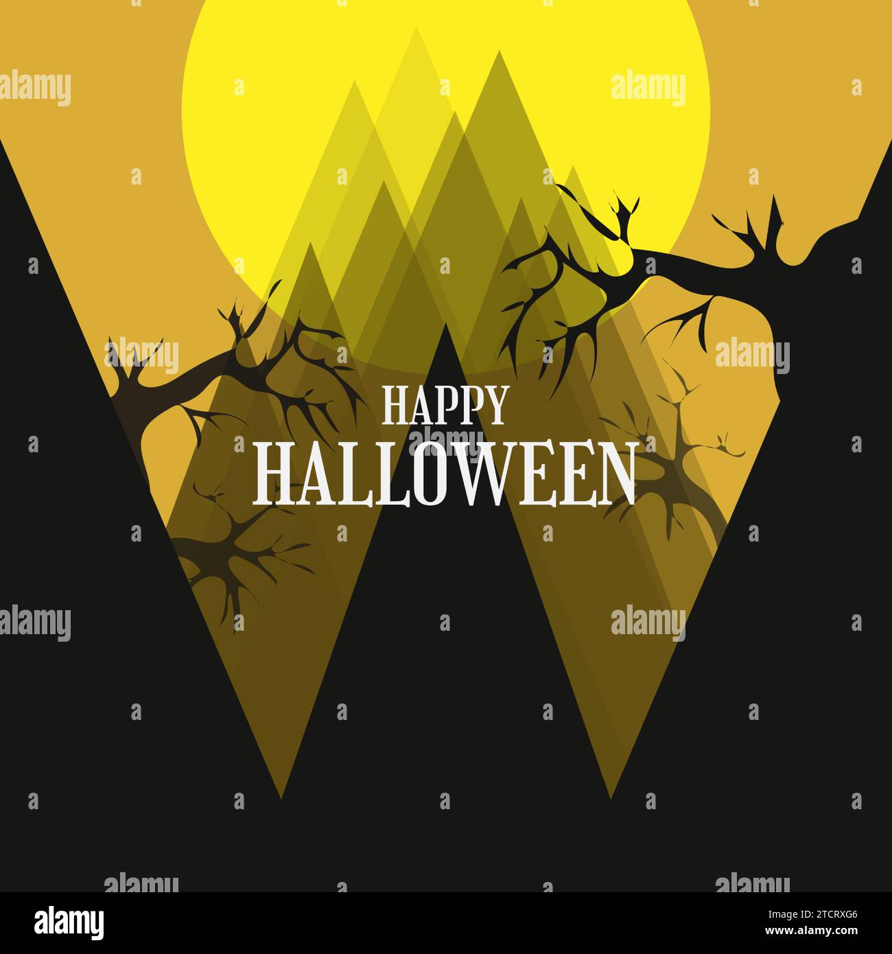 Happy Halloween Grußposter mit einer Silhouette von gruseligen Bergen und Bäumen Stock Vektor