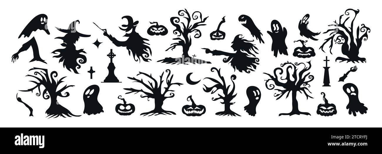 Set aus Halloween-Silhouette-Symbol und -Charakter. Halloween Vektor-Illustration isoliert auf weißem Hintergrund Stock Vektor