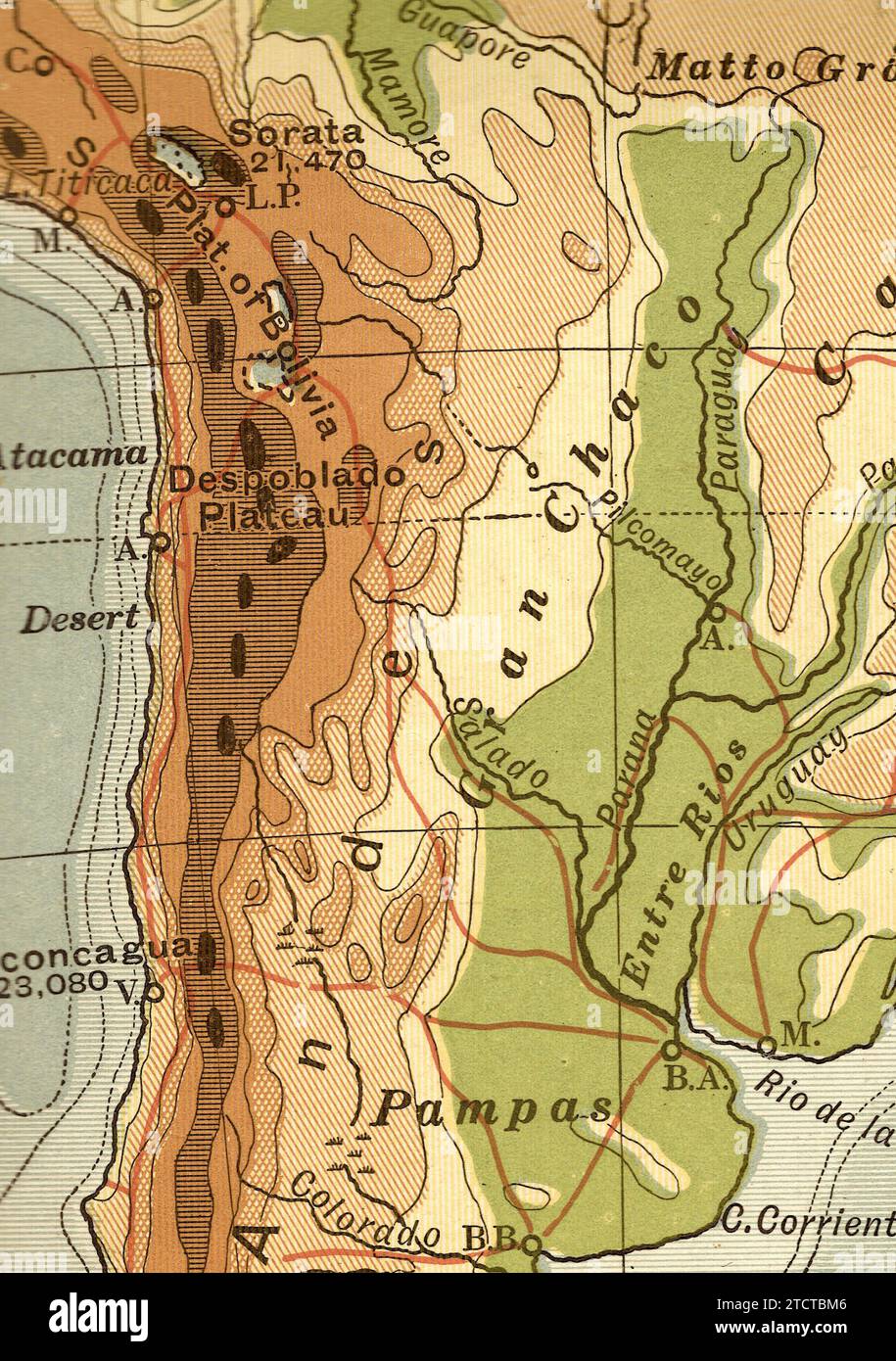 Eine alte/antike geographische Karte in Sepia von Südamerika mit den Anden und Gran Chaco. Stockfoto