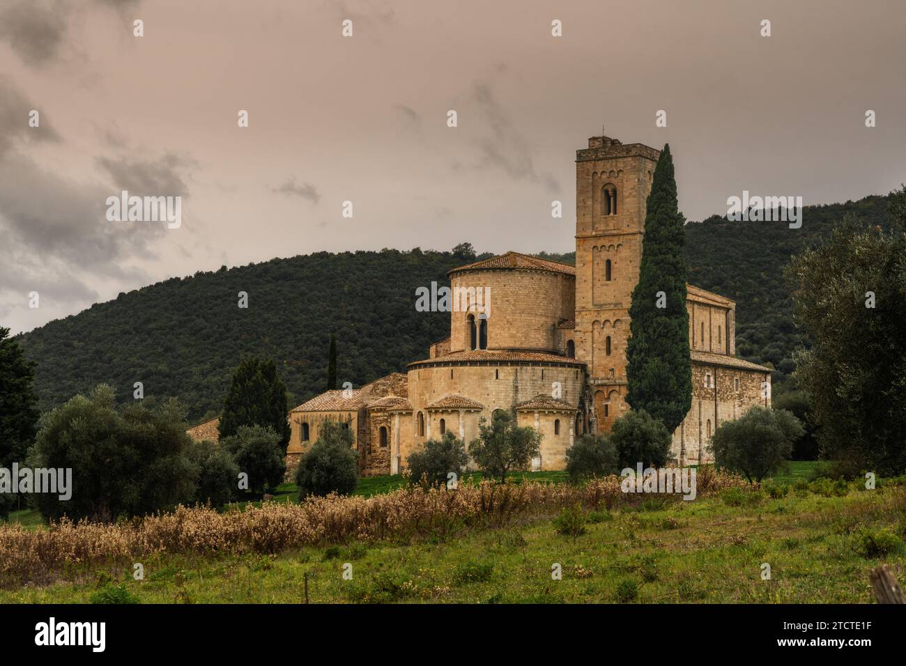 Castelnuovo dell'Abate, Italien - 16. November 2023: Blick auf die Abtei Sant'Antimo in der Nähe von Castelnuovo dell'Abate in der Toskana Stockfoto