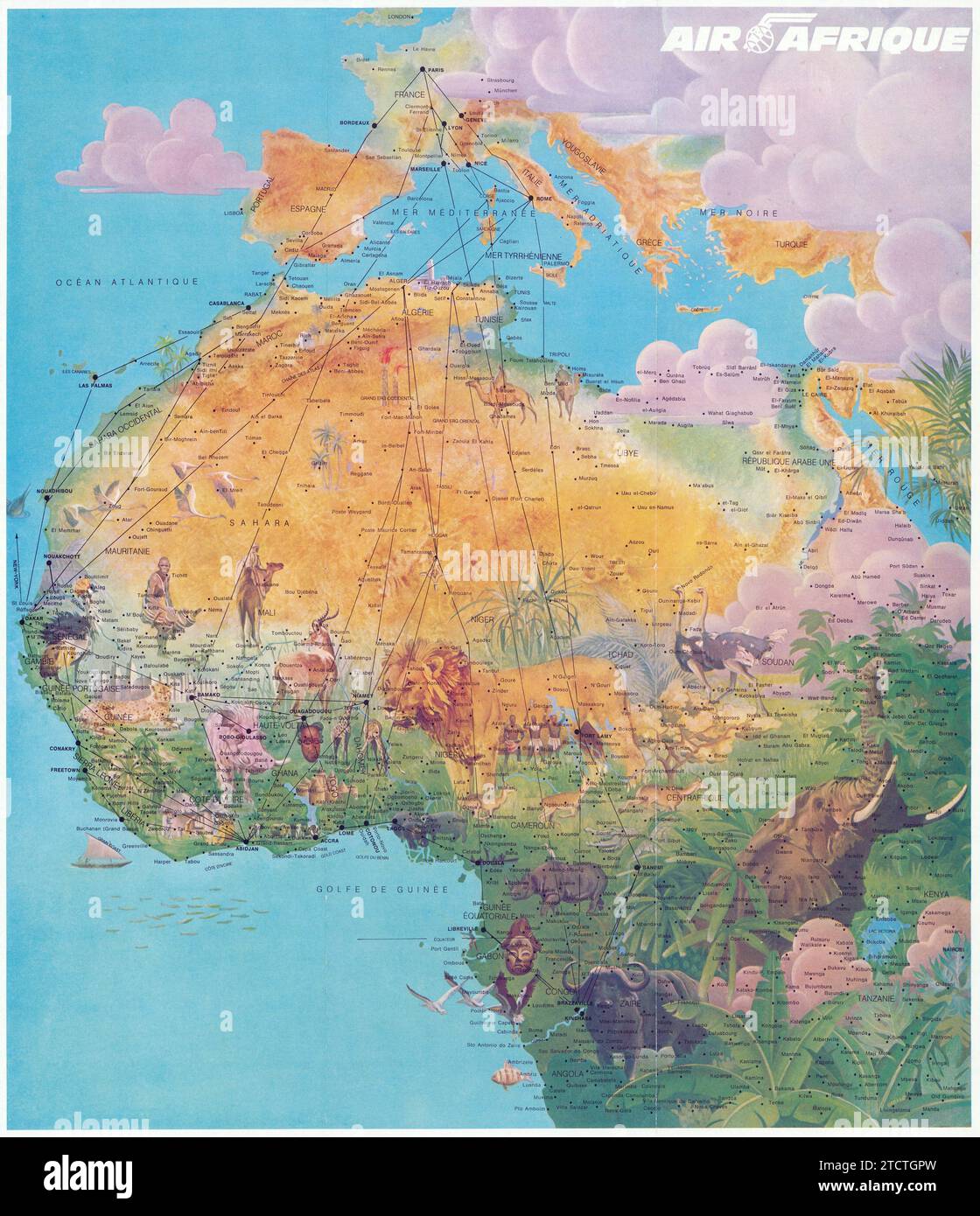 Air Afrique Poster - Reiseplakat Kunstillustration des afrikanischen Kontinents mit Tierdarstellungen - 1973 Stockfoto