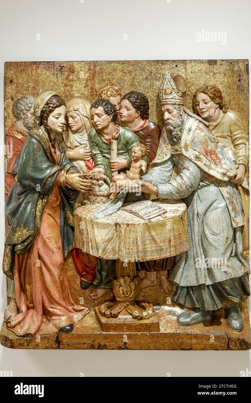 Maricel Museum, Sitges, Spanien Anonym aus kastilien, Darstellung Jesu im Tempel, zweite Hälfte des 16. Jahrhunderts, geschnitzte Eiche, polychrome und Stockfoto