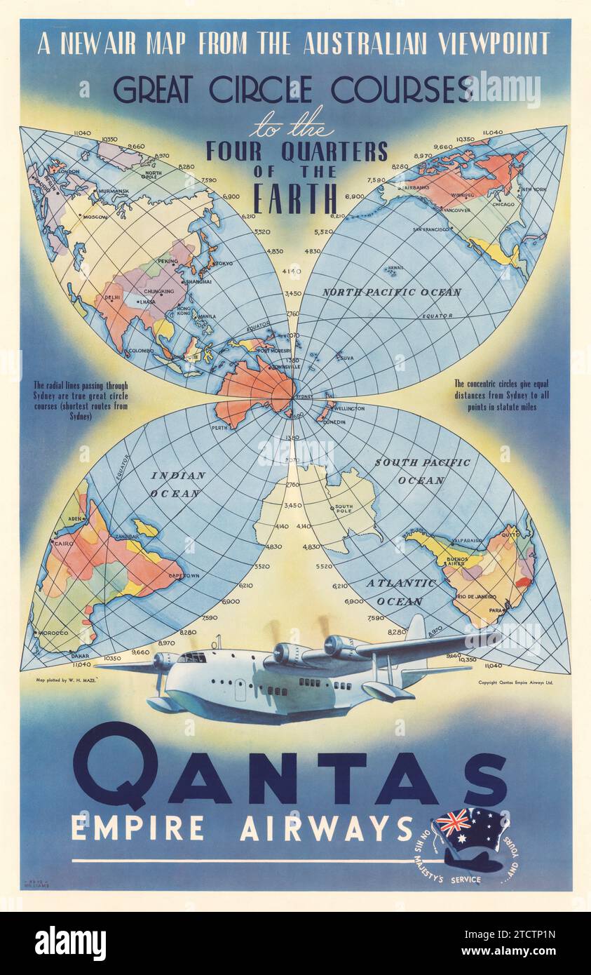 Qantas Empire Airways. Eine neue Luftkarte vom australischen Aussichtspunkt. Great Circle verläuft zu den vier Vierteln der Erde. 1938 Stockfoto