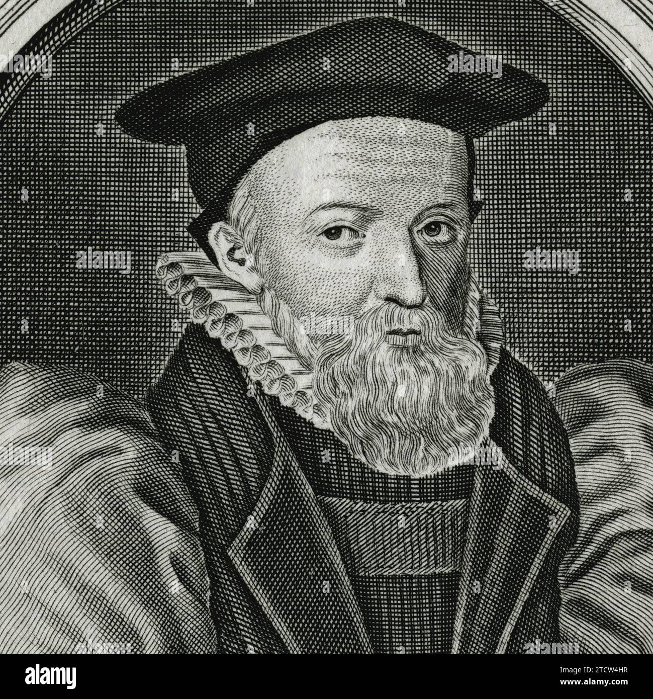 George Abbot (1562–1633), einer der benannten Übersetzer der 1611er King James Bibel, der ebenfalls 1611 zum Erzbischof von Canterbury geweiht wurde. Quadratisches Detail des Stiches von Michael Van der Gucht (1660-1725). Stockfoto