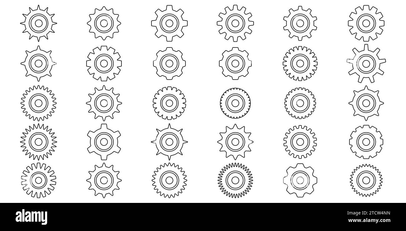 Zahnradsymbole. Symbol „Gänge einstellen“. Sammlung mechanischer Zahnräder. Einfache Sammlung von Zahnrädern. Silhouette der Zahnradsymbole. Abbildung mit Stock Vektor