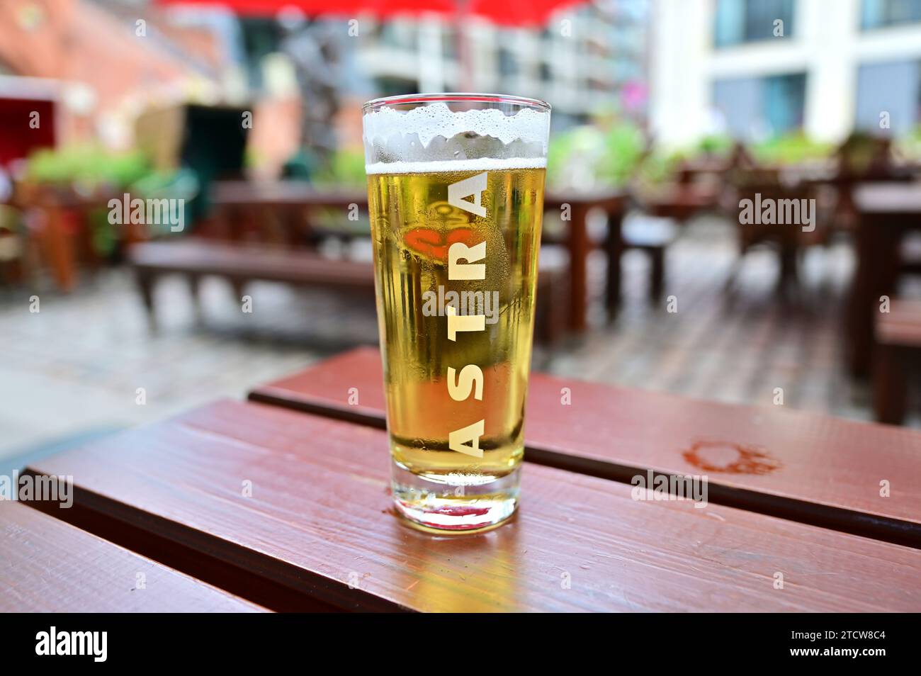 Ein Astra-Bierglas in einem Kneipengarten in Hamburg Stockfoto