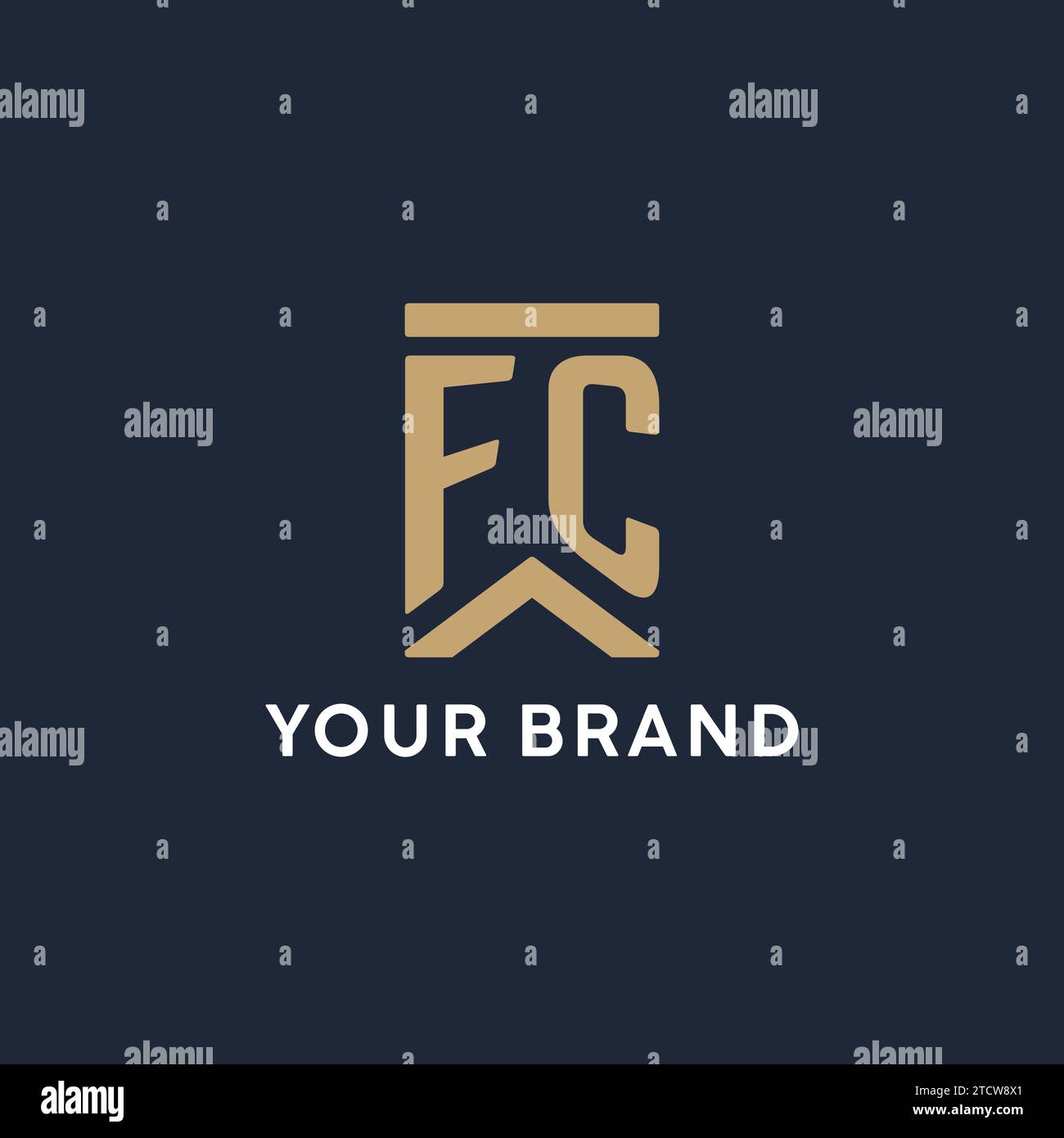 FC Initial Monogramm-Logo im rechteckigen Stil mit geschwungenen Seitentexten Stock Vektor