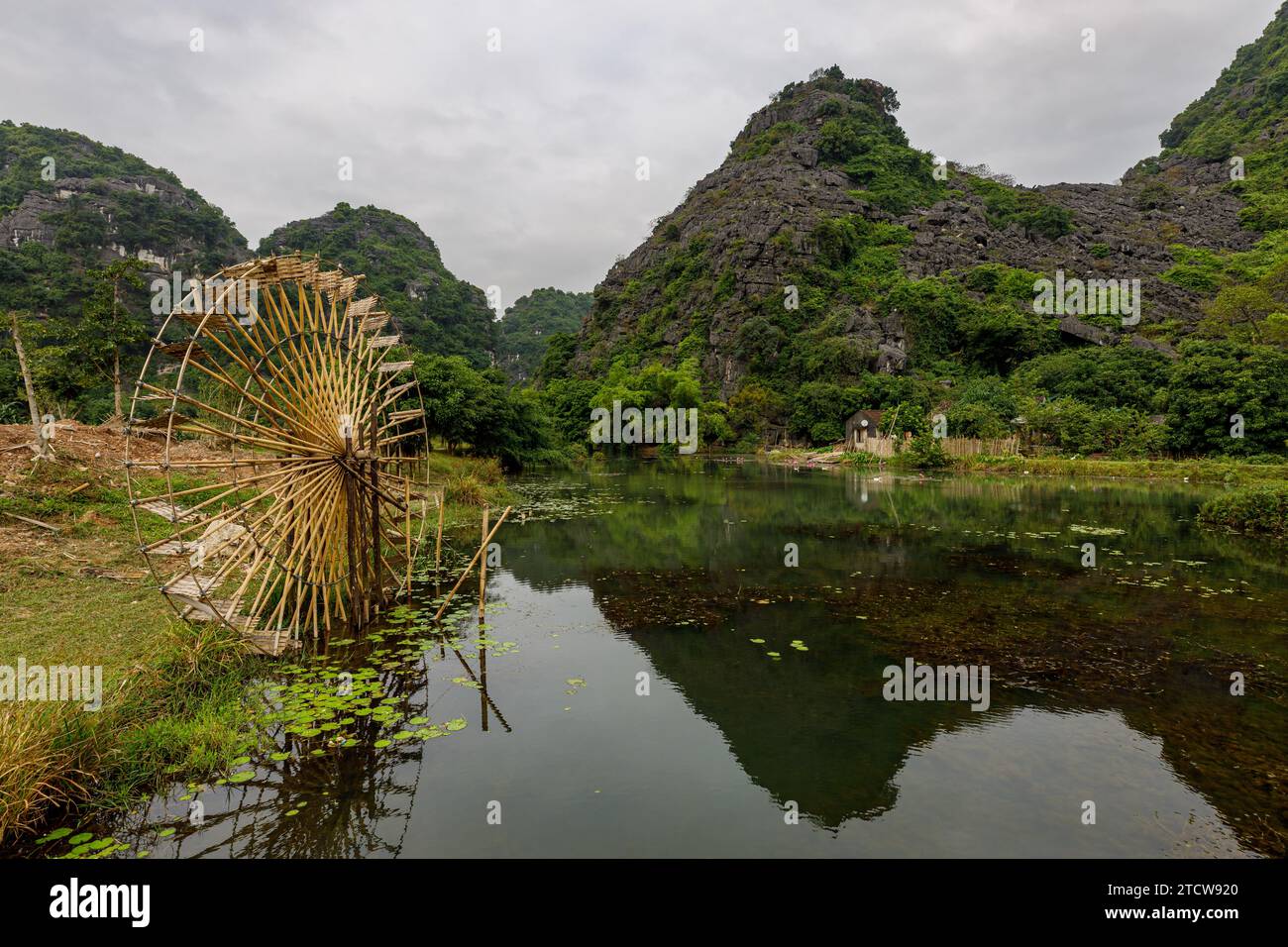 Wasserräder in der Landschaft von Ninh Binh in Vietnam Stockfoto
