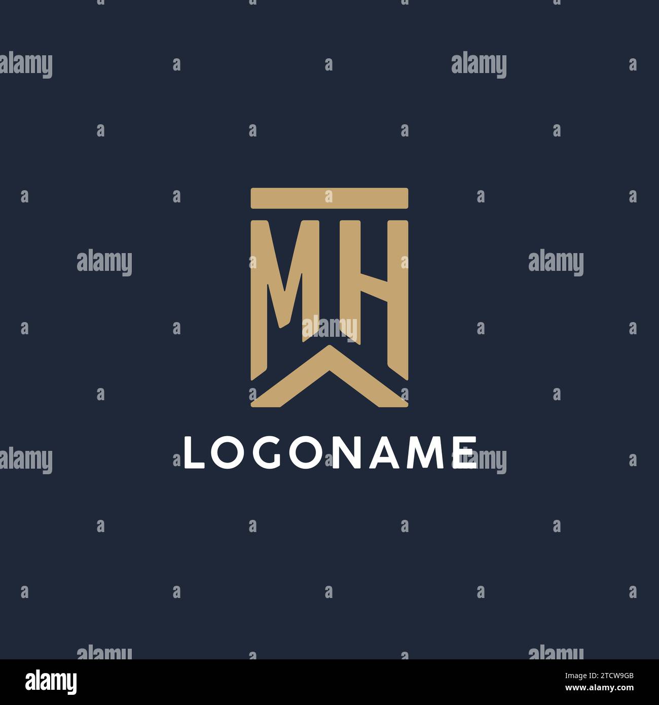 MH Initial Monogramm-Logo im rechteckigen Stil mit geschwungenen Seitentexten Stock Vektor