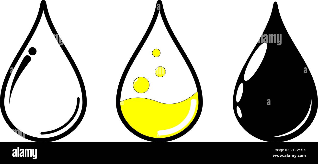 Symbol „Ablegen“. Tropfen Wasser, Sonnenblumenöl und Erdöl. Symbol für schwarze Linie des Flüssigkeitstropfens. Einfacher Umrissstil. Stilisiertes Piktogramm für Webdesign oder m Stock Vektor