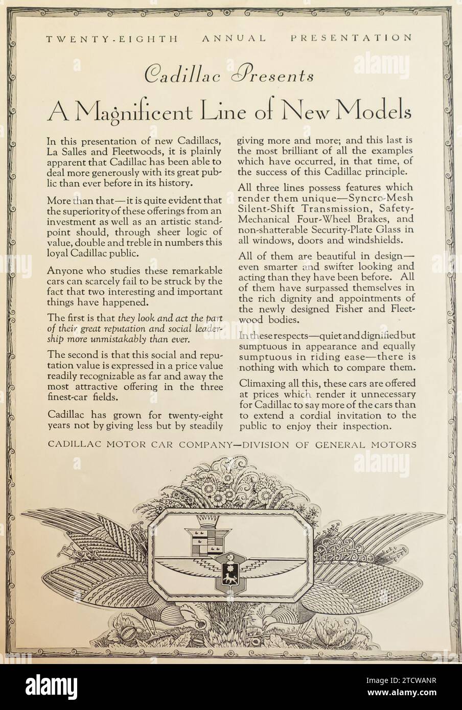 1929 die Cadillac Motor Car Company präsentiert eine großartige Reihe neuer Modelle – die Werbung des Magazins Life Stockfoto