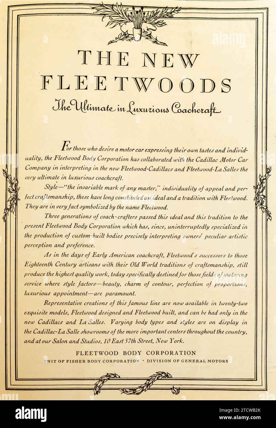 1928 Anzeige für Fleetwood Body Corporation Stockfoto