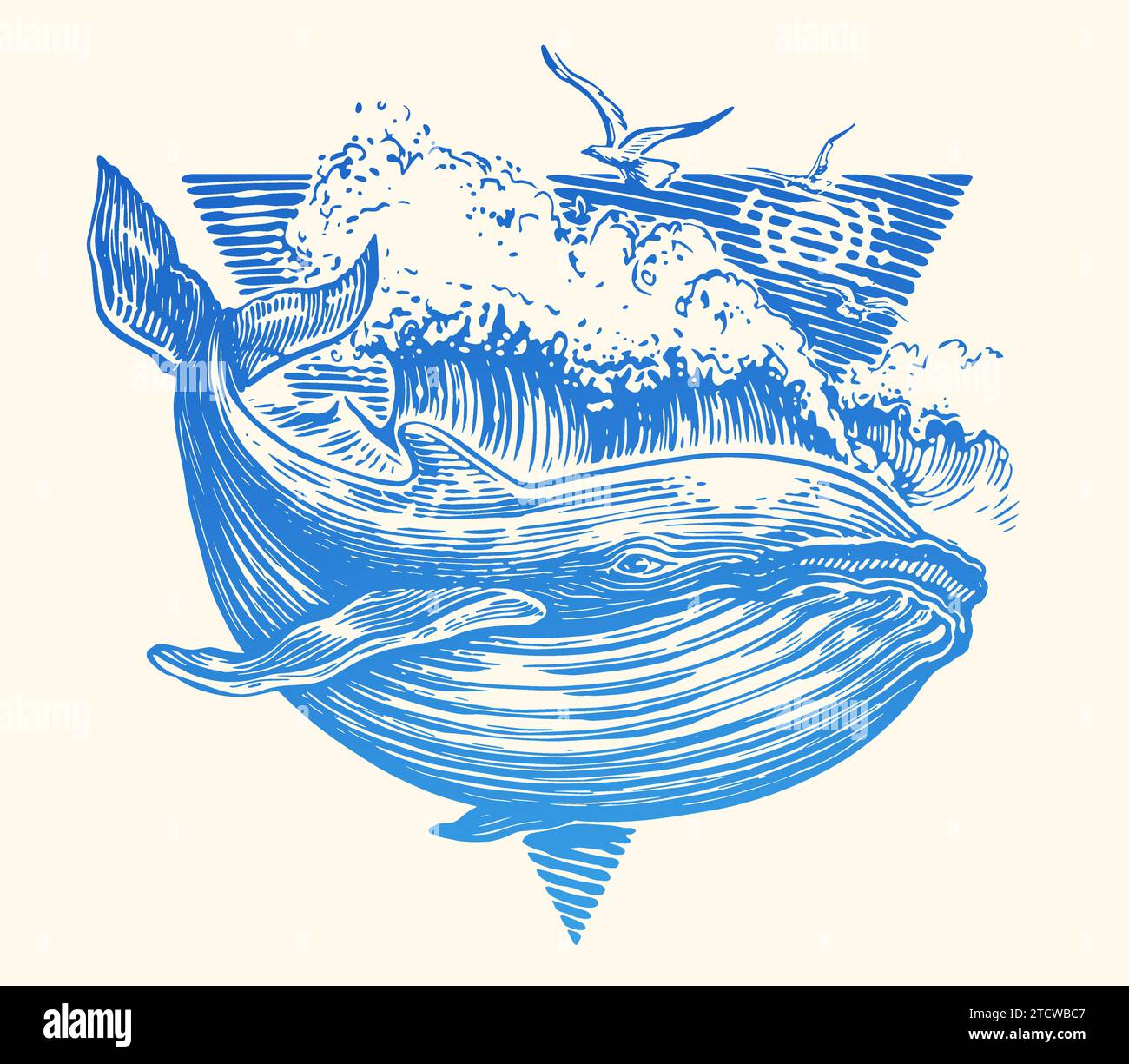 Wellen und Wale, Meeresfische im Vintage-Stil. Hand gezeichnete Vektorillustration für Poster, Tattoo, T-Shirt und Kartendesign Stock Vektor