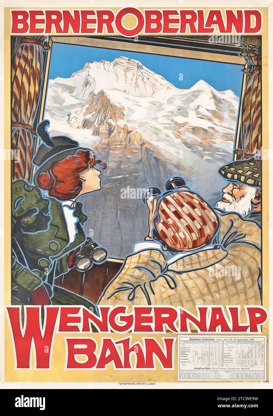 BERNER OBERLAND, WENGERNALP BAHN - Antikes Reiseplakat, 1901, anonymer Künstler Stockfoto