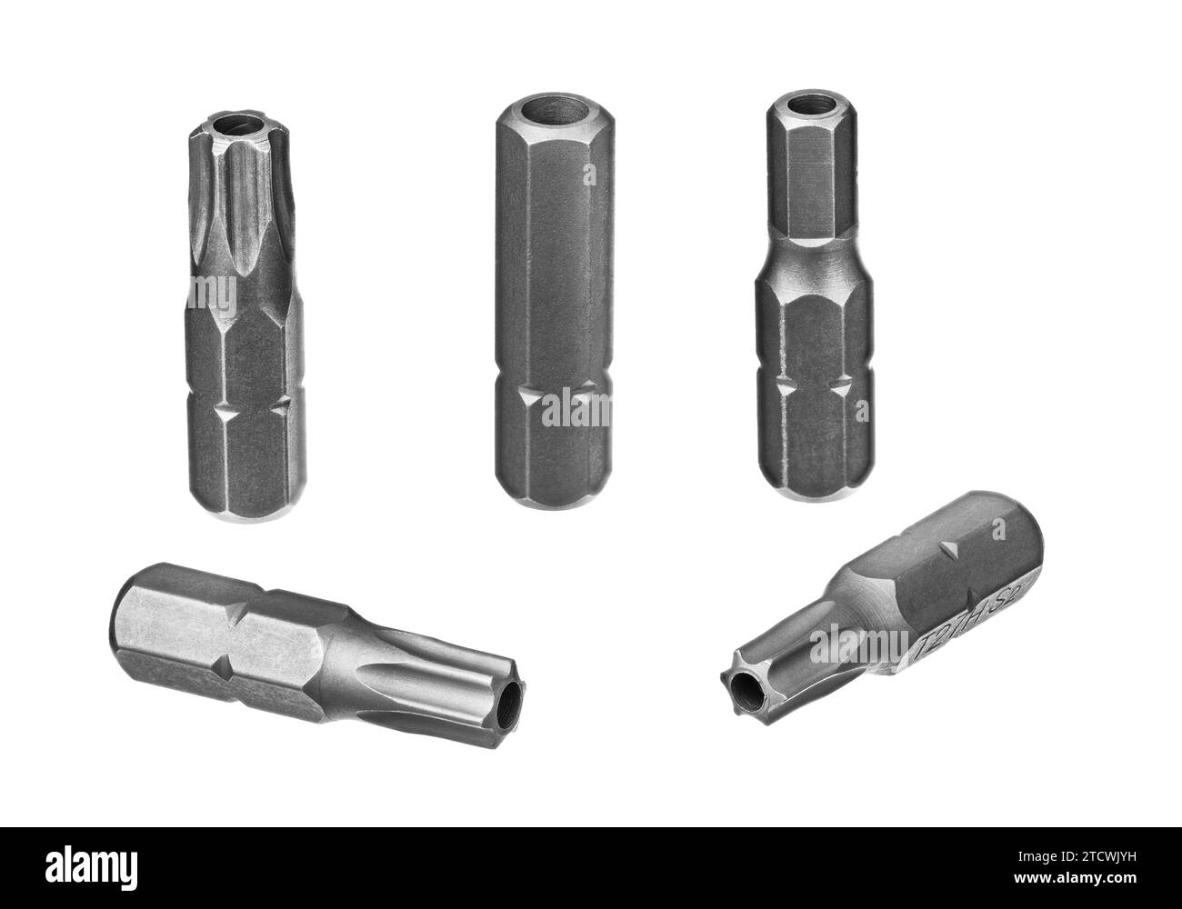 Satz Sicherheits-torx- und Sechskantschraubendreher-Bits isoliert auf weißem Hintergrund. Schließen Sie eine Gruppe von Stahlschraubendrehern mit Sechskantschaft oder Mittelbohrung an. Stockfoto