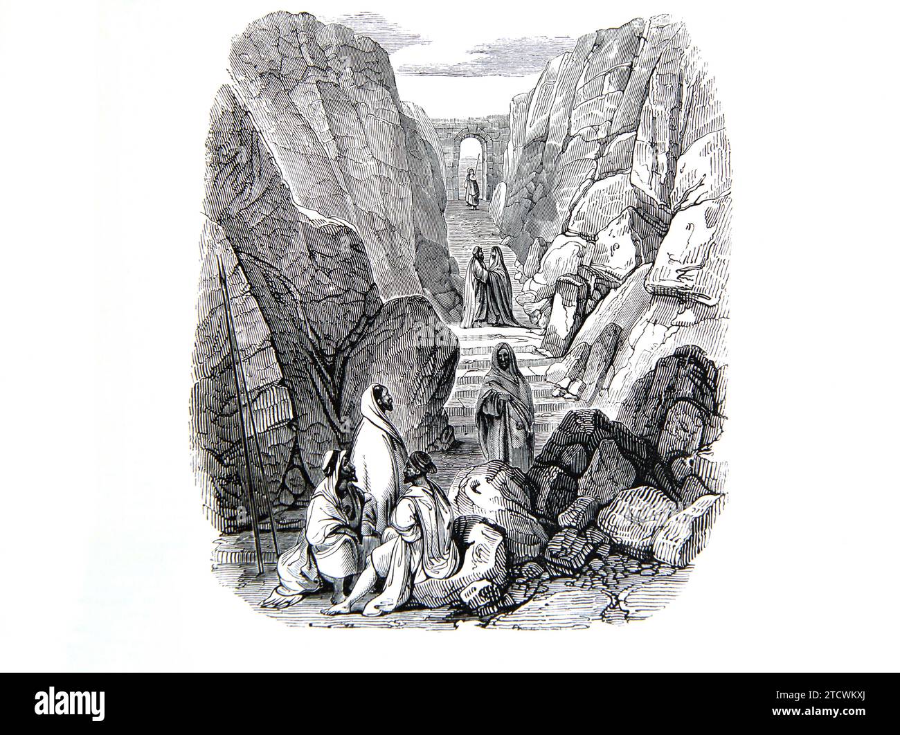 Illustration des Aufstiegs zum Jebal Musa - Moses kommt vom Berg Sinai herunter, um mit den Menschen in der Bibel des 19. Jahrhunderts zu sprechen Stockfoto
