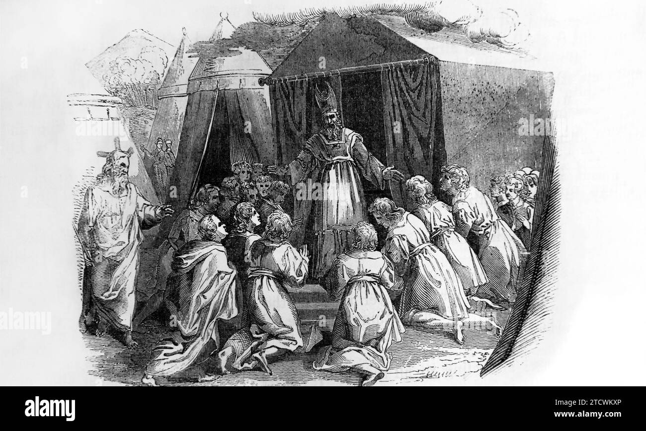 Illustration der Moses-Weihe von Aaron und seinen Söhnen am Tabernakel (Leviticus) aus dem Gemälde Raffaelle aus der Antiken Bibel Stockfoto