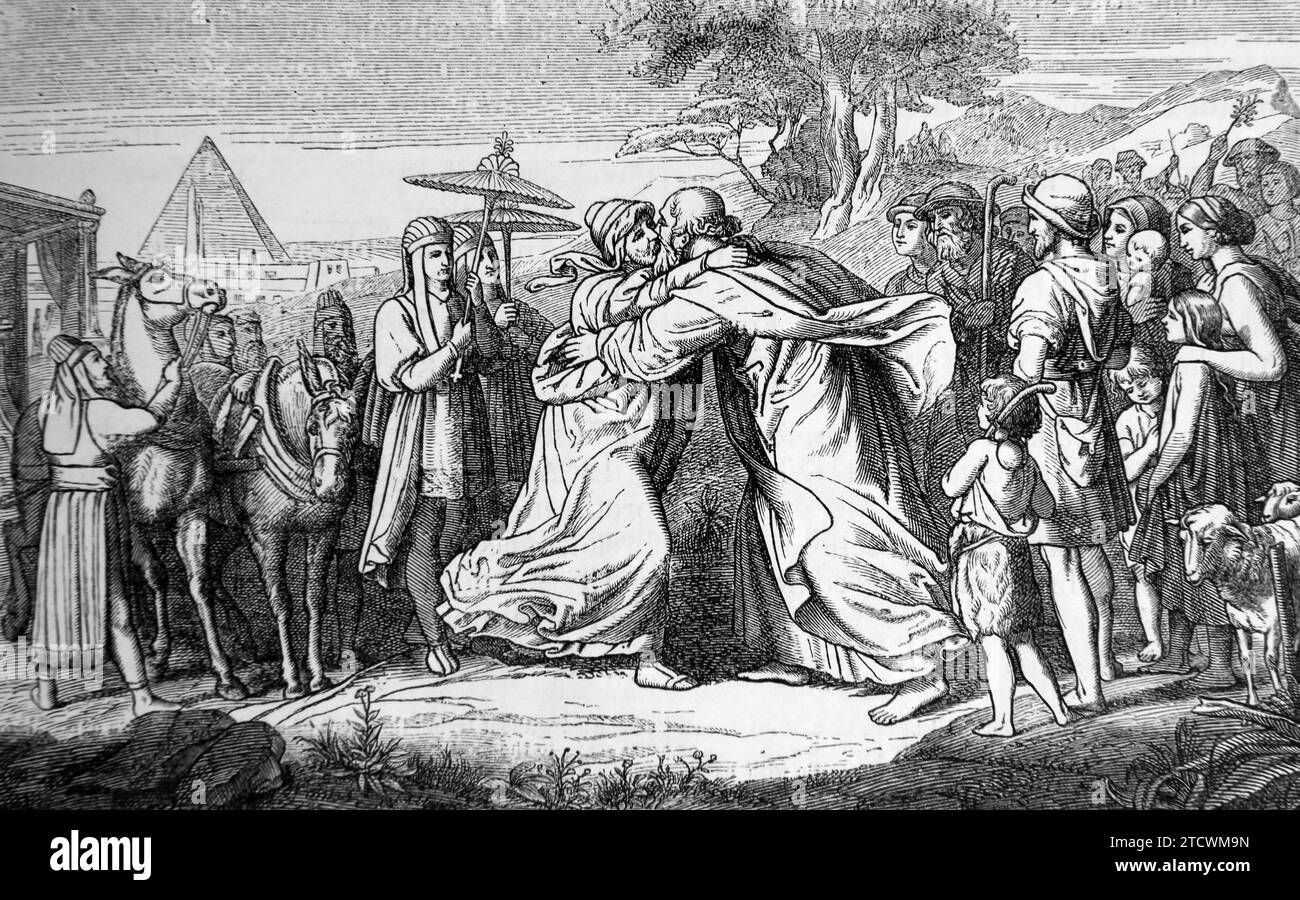 Illustration von Jakob, der Joseph umarmen soll: „Lass mich sterben, denn ich habe dein Gesicht gesehen“ Genesis Altes Testament Stockfoto