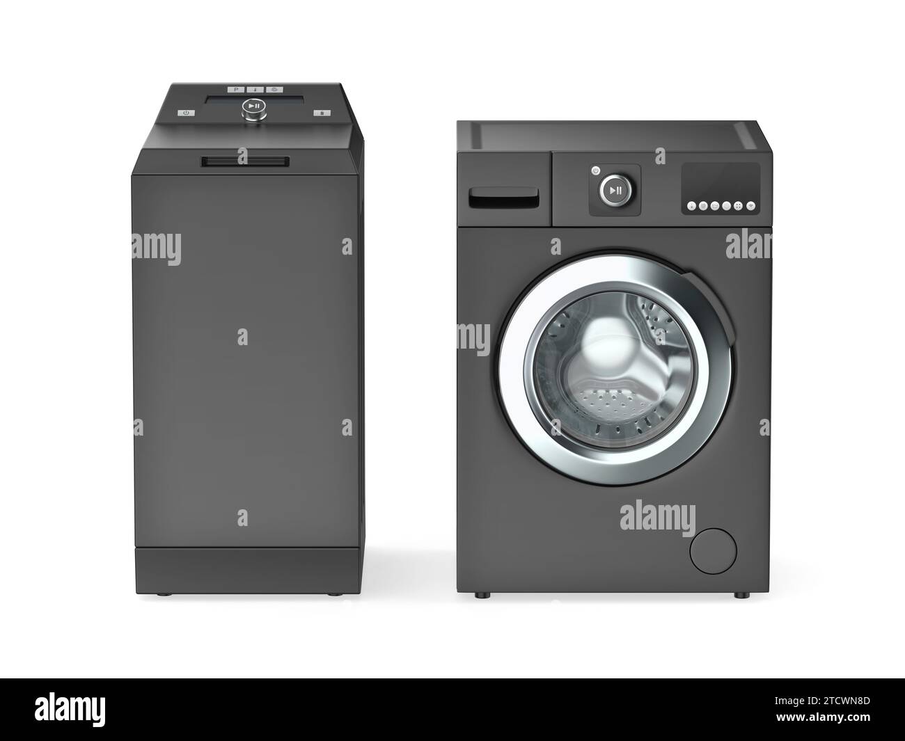 Top- und Frontlader-Waschmaschinen auf weißem Hintergrund Stockfoto