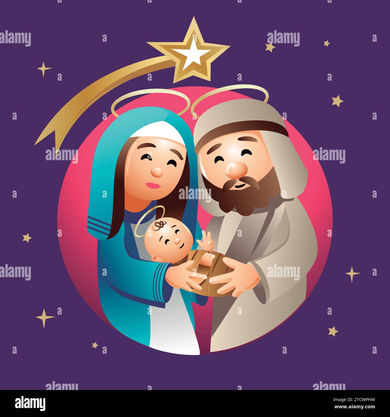 Heilige Familie, Geburtsszene mit Jose, Maria und Jesuskind. Vektorabbildung. Heilige Familie, Stern von Bethlehem, Krippe, Weihnachten, Stock Vektor