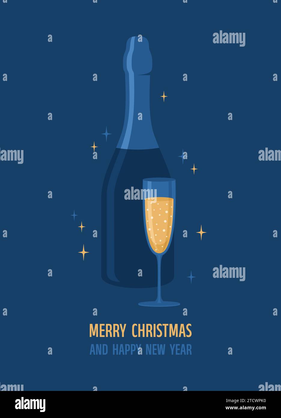 Weihnachtsgrußkarte. Flasche und Glas Champagner oder Sekt auf dunkelblauem Hintergrund. Illustration des flachen Vektors Stock Vektor