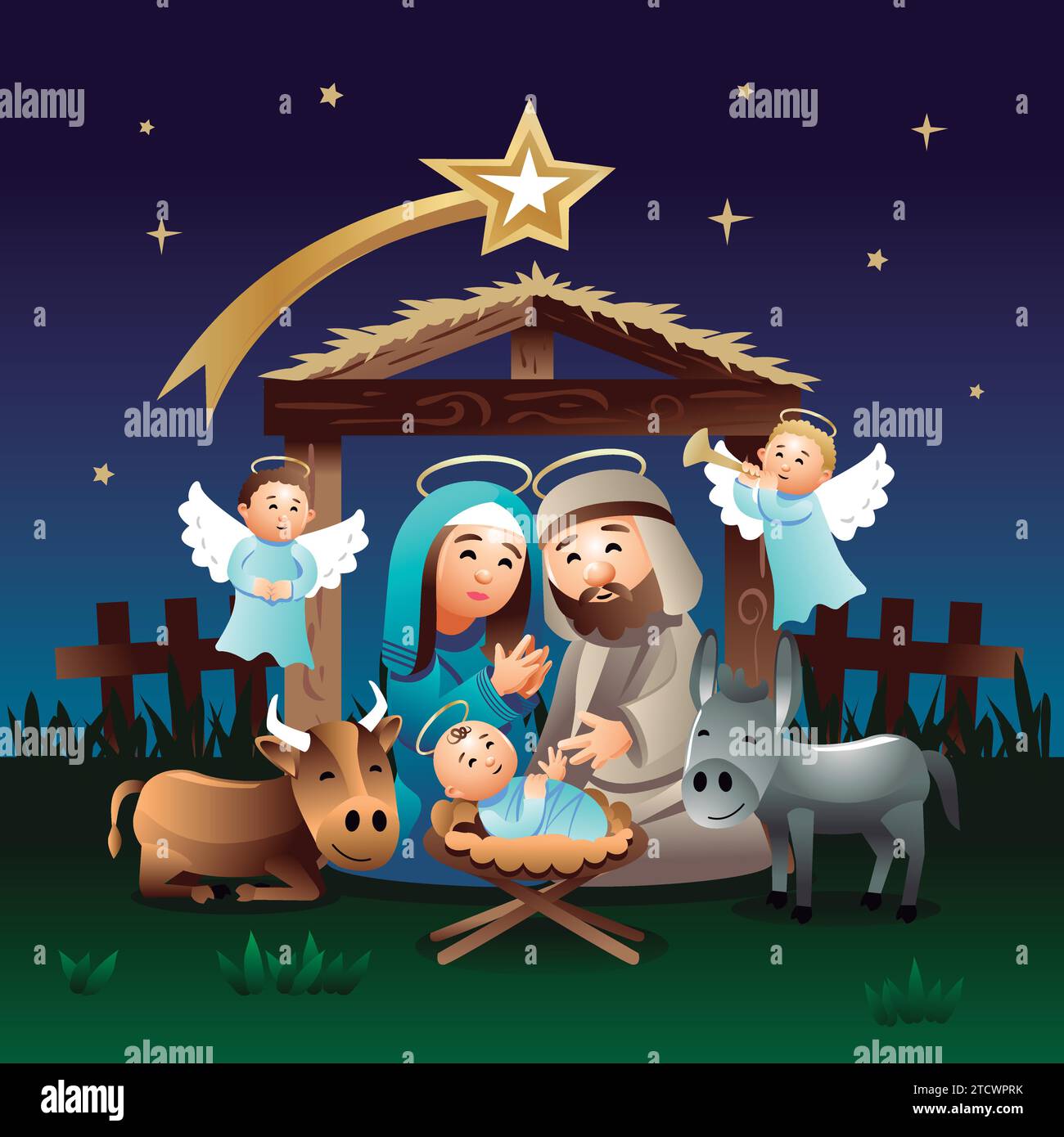 Heilige Familie, Geburtsszene mit Jose, Maria und Jesuskind. Vektorabbildung. Heilige Familie, Stern von Bethlehem, Krippe, Weihnachten, Stock Vektor