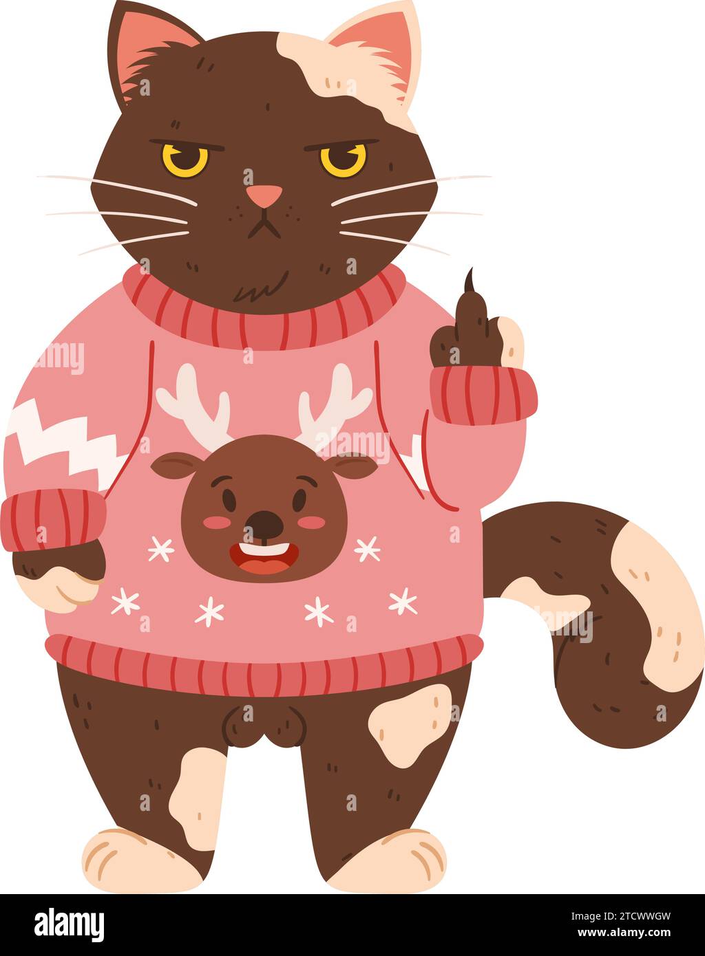 Eine verärgerte Katze steht in einem Weihnachtspullover und zeigt seinen  Mittelfinger. Grumpy Fluffy Cat ist eine braune Katze, die einen rosa  Pullover und eine Zeichnung trägt Stock-Vektorgrafik - Alamy
