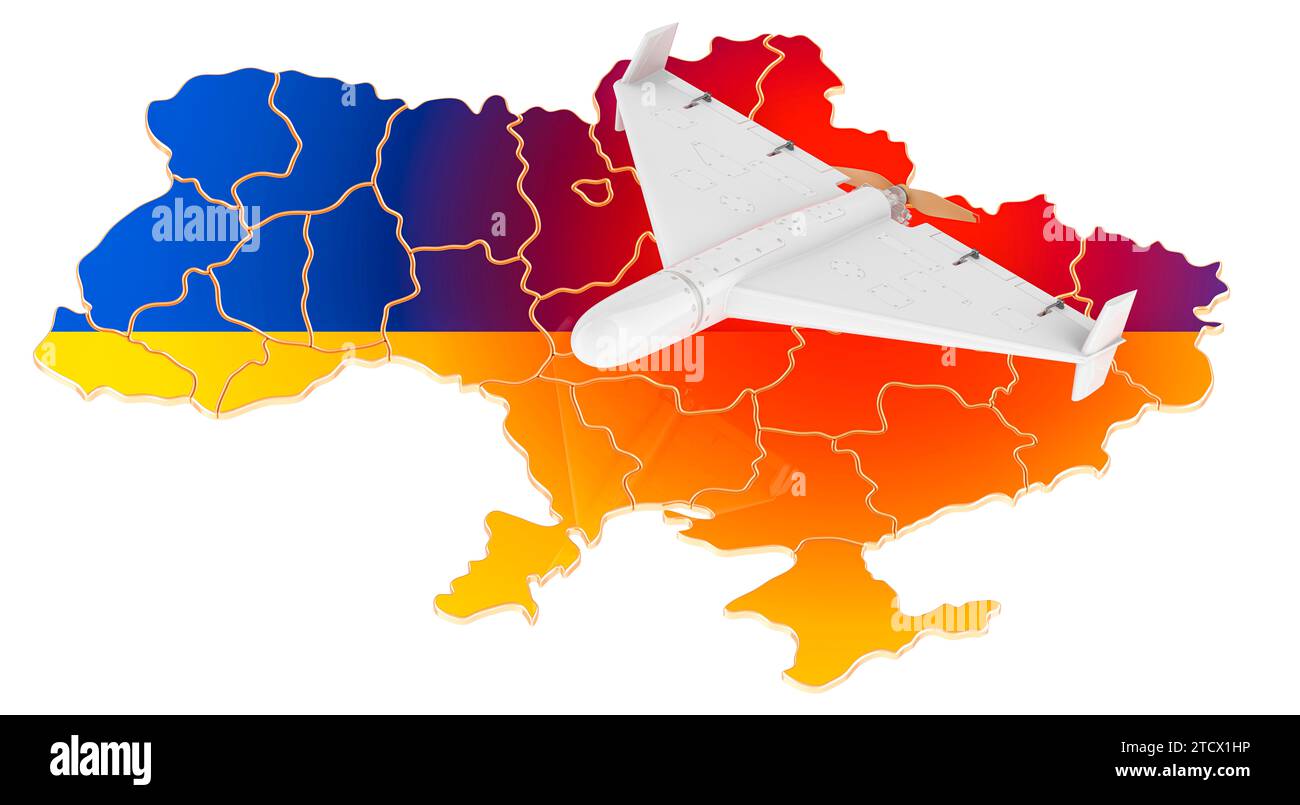 Kamikaze Drohne greift die Ukraine an, Konzept. 3D-Rendering isoliert auf weißem Hintergrund Stockfoto