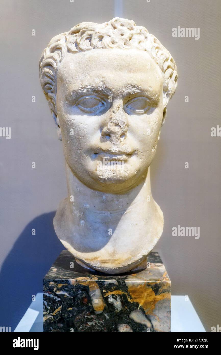 Porträt von Domitian (81–96 n. Chr.) - Marmor aus Luni. Der Vergleich mit bestimmten Münzen bezieht sich auf dieses Porträt auf 82 n. Chr. - Museo Centrale Montemartini, Rom, Italien Stockfoto