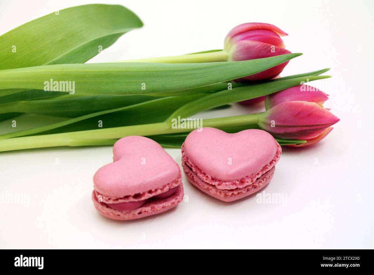 Blumenstrauß frischer rosafarbener Tulpen mit rosa herzförmigen makroons in Nahaufnahme. Stockfoto