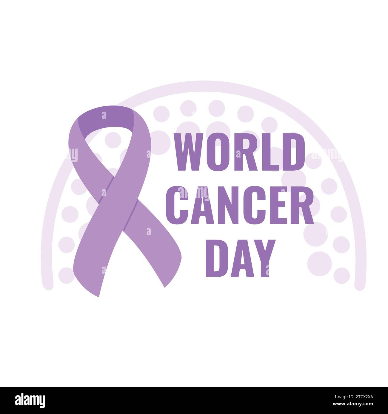 Illustration zum Weltkrebstag vom 4. Februar. Lila Krebsband mit Regenbogen. Krebsprävention und Gesundheitsposter. Handgezeichnete Vektorgrafik Stock Vektor