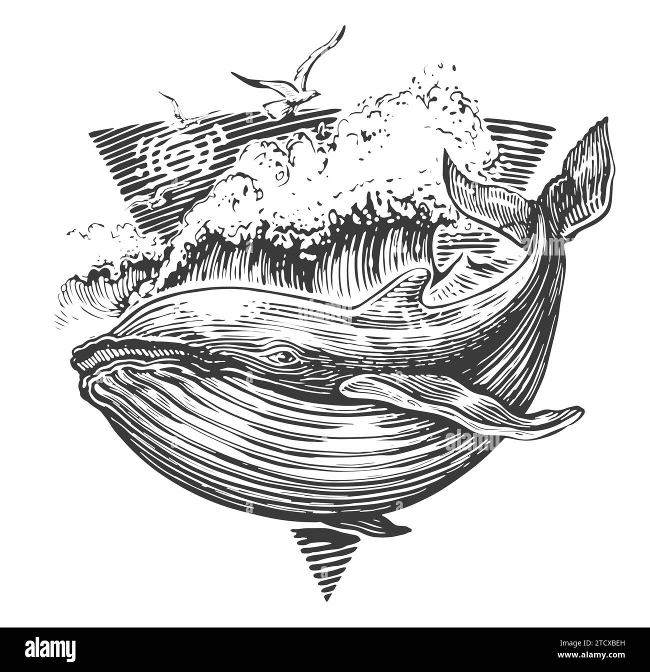 Handgezeichnete Wellen und Wale, Meeresfische Skizze. Marine-Stil, Illustration für Poster, Tattoo, T-Shirt und Kartendesign Stockfoto