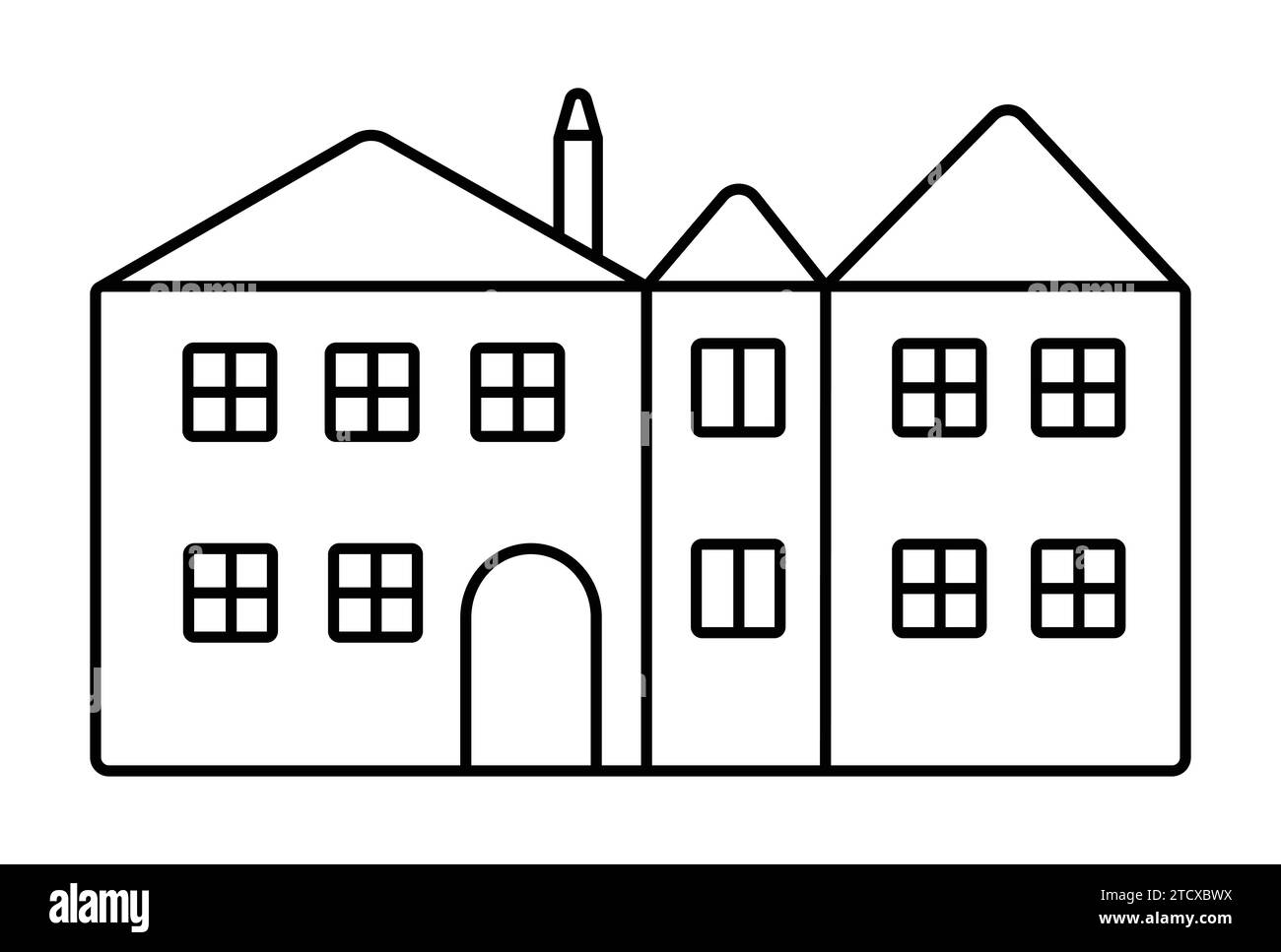 Europäische Architektur, drei niedliche Häuser, einfache schwarze Linie Vektor Illustration Stock Vektor
