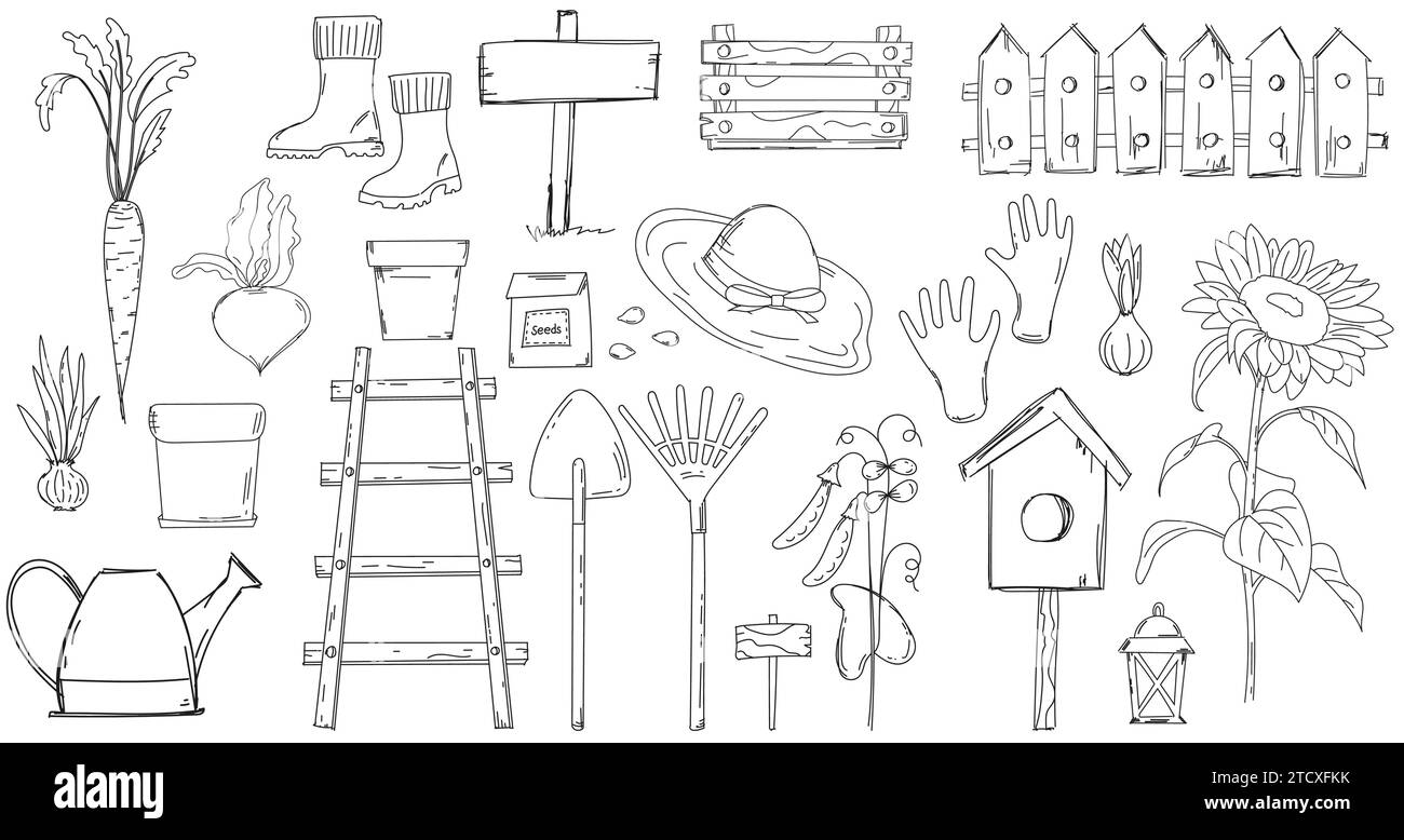 Im Garten-Design für Kinder finden Sie Eine Reihe von Doodles, darunter Einen Topf mit Einer Keimbirne, eine Gießkanne, ein Vogelhaus, eine Karotte, alles in Einer Schwarz-weiß-Vektor-Illustration zum Drucken Stock Vektor